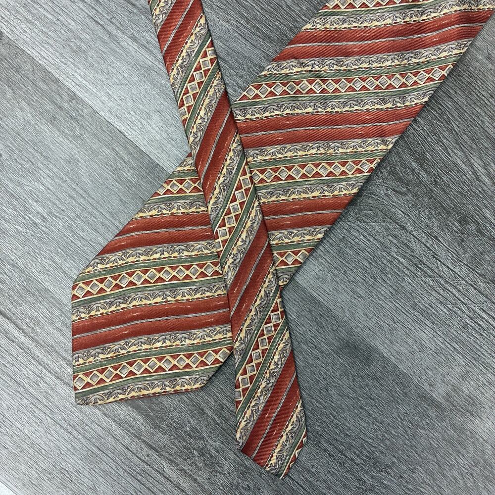 Etienne Aigner 100% Silk Tie Brown Green Geometric Stripe Made Mexico Necktie